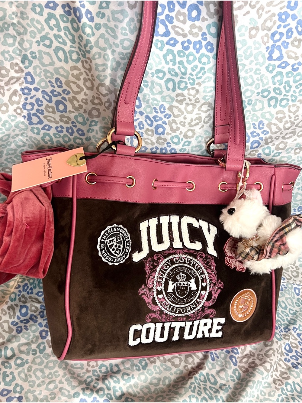New Pink Brown Juicy Couture Purse Daydreamer Tote Bag Velour Handbag Dog Charm